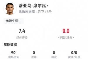 宝刀不老！40岁蒂亚戈-席尔瓦踢满全场：8解围2拦截3抢断 获7.4分